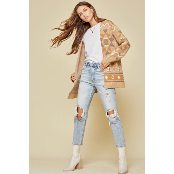 Taupe Gray Boho Aztec Open Cardigan Sweater - Picture 2 of 6